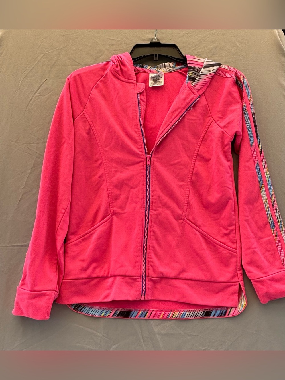 Adidas Girls Pink Hooded Tricot Track Jacket Multicolor Striped Trim Large 10/12